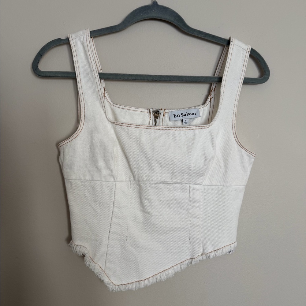 En Saison square neck denim corset tank raw hem